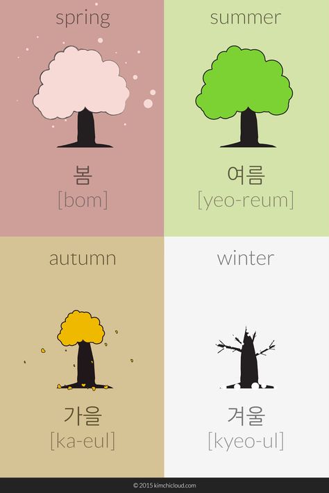 The words for the four seasons in Korean are: Summer: Spring: 봄 (bom), 여름 (yeo-reum), Autumn / Fall: 가을 (ka-eul), and finally Winter 겨울 (kyeo-ul). Learning Korean Grammar, Korean Slang, Learn Basic Korean, Korean Kimchi, Learn Korean Alphabet, Easy Korean Words, Materi Bahasa Jepang, Learn Hangul, Learn Korea