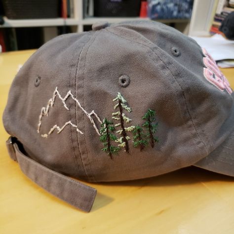 Mountain Embroidery Designs, Embroidery Gift Ideas For Men, Embroidered Hat Ideas, Men Embroidery Designs, Manly Embroidery Ideas, Beanie Embroidery Ideas, Embroidery Ideas For Men, Masculine Embroidery, Hat Embroidery Ideas