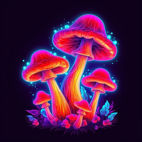 Trippy Vector Art, Colorful Mushroom Art Trippy, Blacklight Art Ideas, Mushroom Tripping Art, Colorful Mushroom Art, Fluorescent Painting, Mushroom Wallpaper, Mushroom Pictures, Pencil Drawings For Beginners