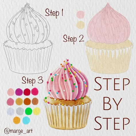 Party Cupcake!🧁 Available detailed step by step #stepbystepwithmarge on Buy me a Coffee. For Supporters only. Click the link in my bio😉 | Instagram Painting Cupcakes, Sweets Watercolor, How To Drow, Ceramics Plates, Cupcake Painting, Painting Journal, Birthday Watercolor, 2023 Party, Drawing Food