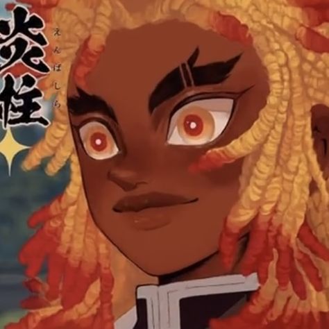 Blasian Rengoku, Black Demon Slayer Character, Black Kny Characters, Black Demon Slayer Pfp, Black Tengen, Black Rengoku, Rengoku Black, Blasian Demon Slayer, Black Demon Slayer Oc