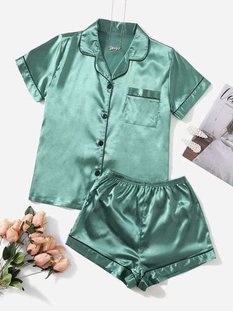 Contrast Binding Satin PJ Set | SHEIN USA Satin Pj Set, Pyjama Satin, Satin Short, Satin Pyjama Set, Wear Green, Matching Pajamas, Satin Pajamas, Silk Pajamas, Pajama Set Women