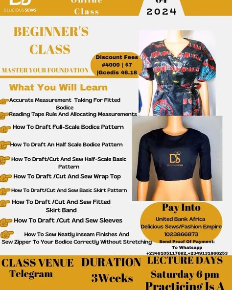 Registration For Our Online Sewing Beginner's Class Is Ongoing💃🏽💃🏽 Go Through The Course Flyer To Read What You Will Learn. If You Have to Stay Over 3 Months In Your Fashion School, And You Don't Even Know How To Sew A Straight Line Well. Learn At The Comfort Of Your Home, At Your Pace And Convenience. As Long As You Have A Sewing Machine And Mobile Data And Good Phone You Are Good To Go. The Class Offers More Than The Price. Master Your Foundation, With This Beginners Course. Discou... Course Flyer, Sewing Classes For Beginners, Course Outline, Fashion Courses, Fashion School, Mobile Data, Sewing Class, Online Class, International Students