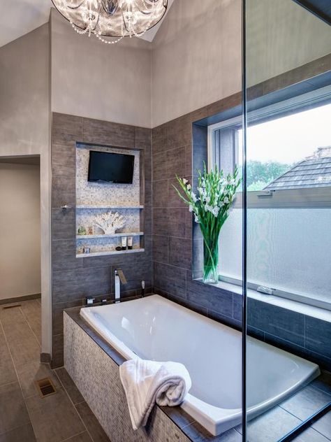 tv in bathroom, bathtub with tv Two Person Bathtub, Luxurious Bathtubs, Luxury Bathtub, Tv In Bathroom, Neutral Bathroom, Bathtub Remodel, Bathroom Retreat, Bad Inspiration, Dream Bathrooms