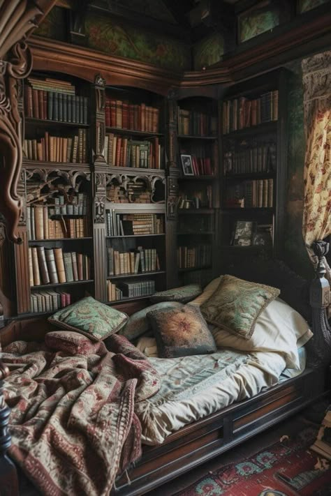 Dark Academia Bed, Dark Academia Furniture, Library Bedroom Ideas, Academia Bedroom Ideas, Dark Academia Bedroom Ideas, Dark Academia Room Ideas, Dark Academia House, Academia Interior, Dark Academia Interior