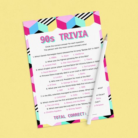 90s Trivia Printable Pop Culture Quiz Game Nineties Theme Party Activities for Adults Born in the 1990s Birthday Party Games Download NT1 1990s Birthday Party, 90s Birthday Party Theme For Adults, Party Activities For Adults, 90s Trivia, Pop Culture Quiz, Party Planning Guide, 90s Party, Activities For Adults, School Party