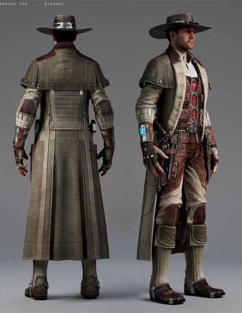 Swtor Bounty Hunter Armor, Star Wars Smuggler Outfit, Swtor Smuggler, Swtor Outfit, Sci Fi Cowboy, Star Wars Smuggler, Rdo Outfits, Rdr2 Outfits, Cowboy Character Design