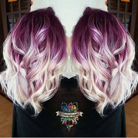 Plum purple hair color base with billowy white blonde hair by @hairbykasey instagram.com/hotonbeauty Plum Purple Hair, Lilac Hair Color, Underlights Hair, White Blonde Hair, Makeup Tip, Lilac Hair, Face Nails, Hair Color Purple, Blonde Hair Color Ideas