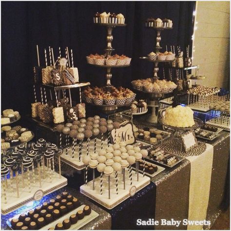 Classic wedding sweets table in Navy and Silver!  Cake pops, cupcakes and Buckeyes. Black And Silver Dessert Table Ideas, Vintage Dessert Table Wedding, Silver Cake Pops, Wedding Sweets Table, Gold Dessert Table, Sweets Table Wedding, Gatsby Birthday Party, Black Dessert, Dessert Table Birthday