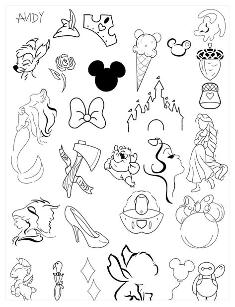 Disney Silhouettes Tattoo, Princess Outline Tattoo, Disney Sticker Tattoo Ideas, Disney Sticker Tattoo, Small Mickey Head Tattoo, Simple Cinderella Tattoo, Disney Minimal Tattoo, Patchwork Tattoo Ideas Disney, Disney Symbols Drawing