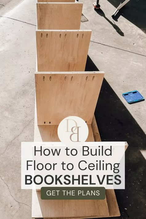 Learn how to make DIY floor to ceiling bookshelves. This easy to follow bookshelf wall tutorial lays it all out for you and makes the process easy. Save money and DIY your own built in bookcase. Diy Built In Bookshelf Wall, How To Build Built In Shelves, Diy Bookcase Wall Living Room, Diy Book Case Wall, How To Make A Bookshelf Diy, Diy Floor To Ceiling Bookcase, Bookshelf Floor To Ceiling, Diy Wall To Wall Bookshelves, Make Your Own Bookshelf