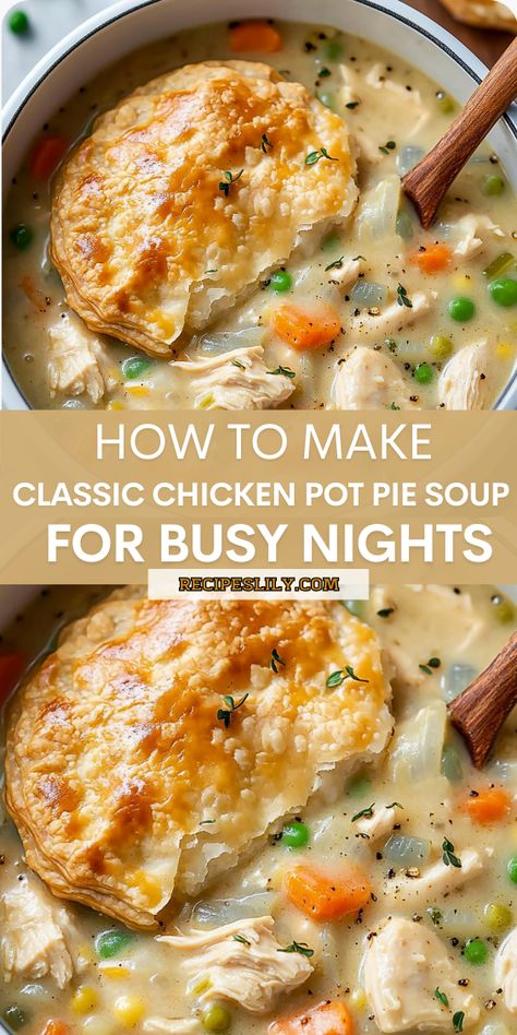 This Chicken Pot Pie Soup is a warm, hearty meal packed with chicken, potatoes, carrots, and celery in a creamy broth. Perfect for a quick dinner! Chicken Potpie Soup Recipes, Chicken Pot Pie Leftover Chicken, Best Chicken Pot Pie Soup Recipe, Chicken Pie Soup Recipe, Quick Homemade Soup Recipes, Pinch Of Yum Chicken Pot Pie, Crock Pot Chicken Recipes Soup, Easy Crockpot Dinners Soup, Chicken Pot Pie Soup Southern Living