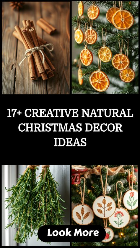 Creative natural Christmas decor ideas with cinnamon sticks, dried orange ornaments, rosemary, and painted wood slices. Christmas Decor Earthy, Christmas Decoration Natural, Pine Decoration Ideas, Dried Fruit Christmas Tree, Natural Tree Decorations, Earthy Christmas Decor, Diy Natural Christmas Decorations, Natural Christmas Tree Decorations, Natural Christmas Decor Ideas