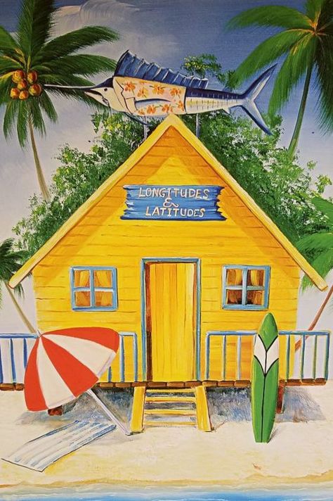 Beach Huts Art, Beach Shacks, Surf Painting, Beach Paintings, Beach Art Painting, Tropical Painting, Caribbean Art, Posca Art, Wood Painting Art