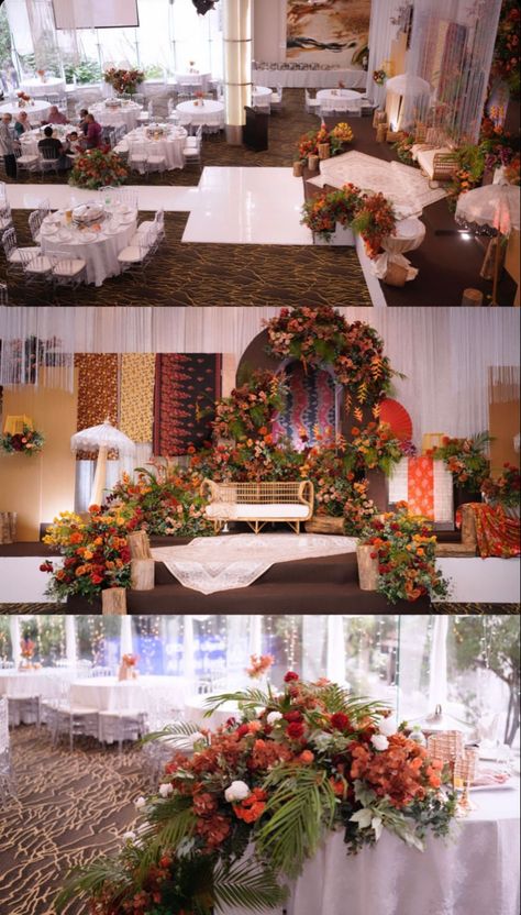 Batik themed wedding with Chinese & Jawa influenced. Autumn and tropical flower pallete with Wood and Gold Accent Melayu Klasik Wedding, Batik Wedding Decor, Batik Decoration Wedding, Melayu Klasik Tema, Klasik Melayu Wedding, Batik Wedding, Jawa Wedding, Classic Traditional Wedding, Pelamin Klasik