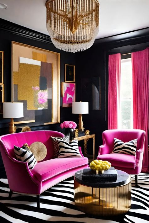 Girly Living Room Ideas, Hot Pink Furniture, Pink Eclectic, Pink Living Room Decor, Glam Living Room Decor, Pink Furniture, Podcast Studio, Glam Living Room, Living Room Decor Inspiration