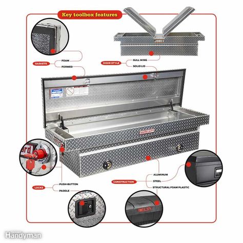 If all your tools are stuffed in plastic buckets or jumbled together in a drawer, check out these simple yet clever tool storage tips. They’ll help you orga Tool Boxes For Trucks, Truck Bed Tool Boxes, Ford 150, Car Adventure, Accessoires 4x4, Best Pickup Truck, Tool Storage Cabinets, Truck Tools, Truck Boxes