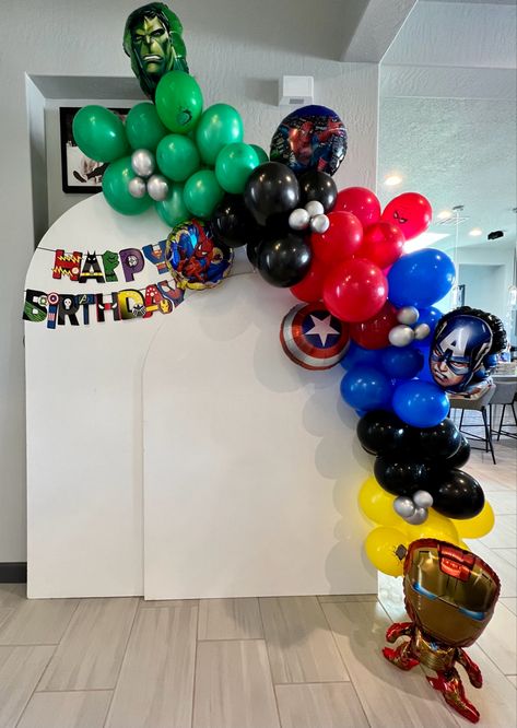 Marvel balloon garland and archs for birthday party Marvel Birthday Balloon Arch, Avengers Birthday Party Balloons, Marvel Balloon Decorations, Avenger Balloon Garland, Marvel Theme Birthday Party Decorations, Super Hero Birthday Decoration, Avenger Balloon Arch, Avengers Balloon Decorations, Marvel Balloon Ideas