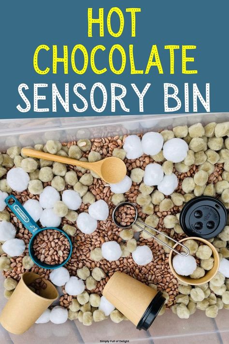 hot chocolate sensory play - a fun hot cocoa sensory bin Hot Cocoa Sensory Bin, Hot Chocolate Sensory, Winter Sensory Play, Chocolate Activities, Winter Sensory Bin, Winter Sensory, Toddler Sensory Bins, Winter Theme Preschool, Winter Activities Preschool