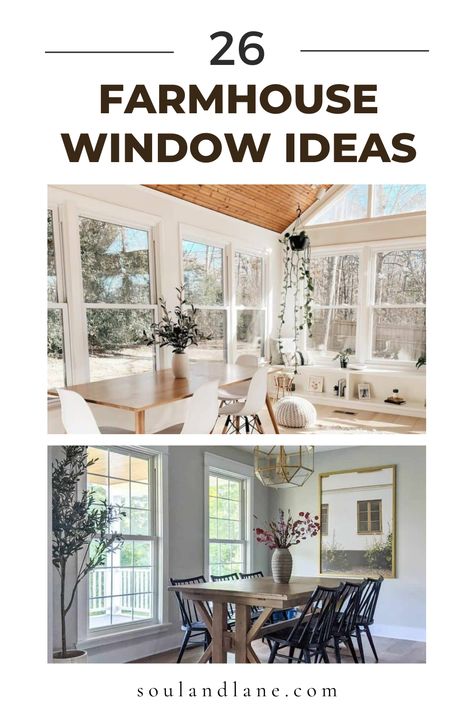 Illuminate your home with rustic light through farmhouse window ideas designed to brighten your interior and bring the outdoors in. Think large, open windows adorned with light, breezy curtains or no coverings at all to maximize natural light. Explore the charm of traditional barn-style windows, modern farmhouse designs with clean lines, or classic casement windows with a rustic twist. Incorporate window seats or plant shelves to create cozy nooks and add greenery. These farmhouse window concept Farmhouse Windows Interior, Natural Wood Windows, Modern Farmhouse Living Room Windows, Country Cottage Windows, Modern Farmhouse Window Coverings, Farmhouse Trim Window, Windows Modern Farmhouse, Prairie Windows, Modern Farmhouse Windows