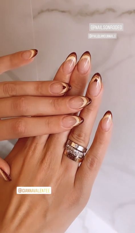 Brown Fall Almond Nails, Almond Double French Tip Nails, Fall Nails Oval Shape Short, Brown And Cream Nail Designs, Fun Professional Nails, Funky Neutral Nails, Cute Fall French Tip Nails, Autom Nails, Brown Oval Nails