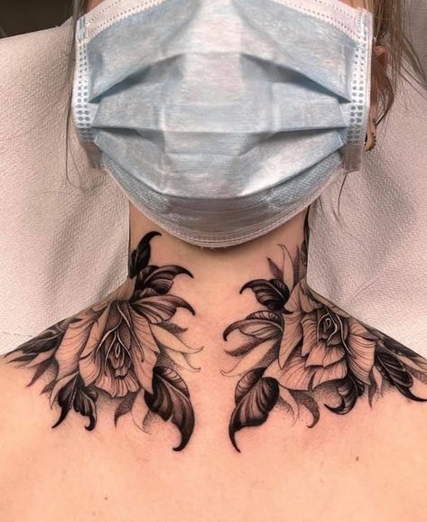 Top Shoulder Tattoos For Women Unique, Collar Bone Neck Tattoos For Women, Womens Throat Tattoo Ideas, Throat Neck Tattoo Women, Throat And Chest Tattoos Women, Flowers Throat Tattoo, Women Pelvis Tattoo, Japanese Neck Tattoo For Women, Dark Neck Tattoos Women