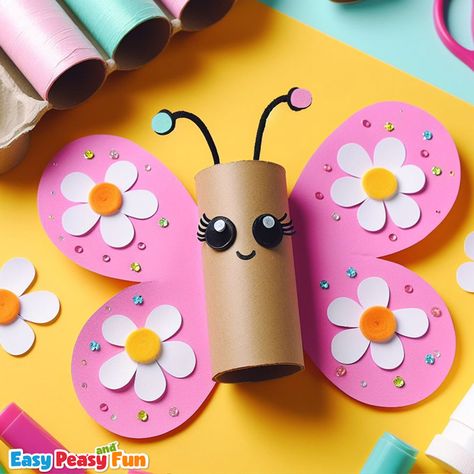 Make the most adorable toilet paper roll craft with your kids - the toilet paper roll butterfly! Perfect spring craft for kids to make. Tp Crafts, Insect Crafts, Butterfly Craft, Toddler Arts And Crafts, Preschool Arts And Crafts, Spring Crafts For Kids, Hand Crafts For Kids, Paper Roll Crafts, Diy Crafts For Kids Easy