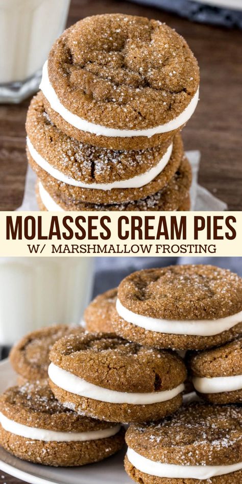 Cream Pie Cookies, Ginger Molasses, Cookies And Cakes, Oatmeal Cream Pies, Marshmallow Frosting, Pie Cookies, Cream Pies, Ginger Molasses Cookies, Oatmeal Cream