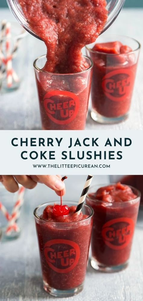 Cherry Coke Mixed Drink, Blended Liquor Drinks, Frozen Cherry Coke Slushies, Coke And Liquor Drinks, Frozen Jack And Coke, Summer Drinks Alcohol Recipes Pitcher, Frozen Dark Sweet Cherry Recipes, Cherry Coke Drink, Frozen Mixed Drinks Alcohol