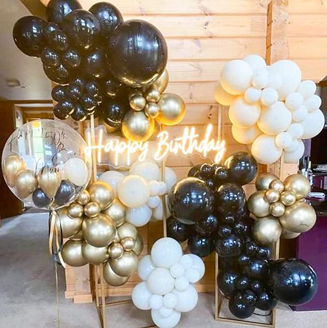 Mens 40th Birthday Table Decorations, Happy Birthday Backdrop For Men, Half Garland Balloon, Elegant Sneaker Ball, Black White Gold Birthday Party Decor, 26 Birthday Theme, Photo Display Ideas For Party, Black And Gold Party Theme, Gold Balloon Arch