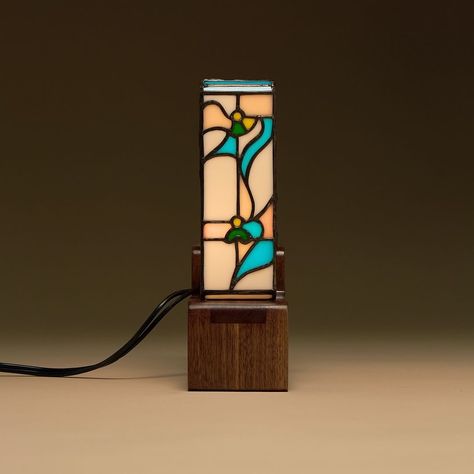 The Blue Wasp by @shawnmichaellucas Immensely grateful to the wonderful and amazing @ricanfx for photographing this little lamp, who was so great to work with. The brief story about this piece’s name is a little too long to write here with the text limitation, so maybe I’ll share the story in a separate post. - Stained glass, walnut base 🌿 full light, 3200K 8.5 x 7 x 2.5 - #stainedglass #lamp #design #stainedglasslamp #woodworking #walnut #lamps #handmade Stained Glass Table Lamp, Stainedglass Lamp, Stained Glass Lantern, Lamps Handmade, Little Lamp, Stained Glass Table, Table Lanterns, Stained Glass Table Lamps, 3d Printing Diy