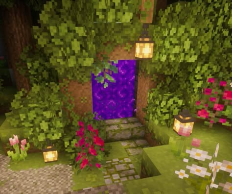 Nether Portal Cottagecore, Minecraft Ideas Fairycore, Aesthetic Minecraft Portal, Neither Portal Minecraft Idea, Fairy Circle Minecraft, Overgrown Nether Portal Design, Cottagecore Nether Portal Minecraft, Minecraft Cottagecore Portal, Overgrown Minecraft Portal