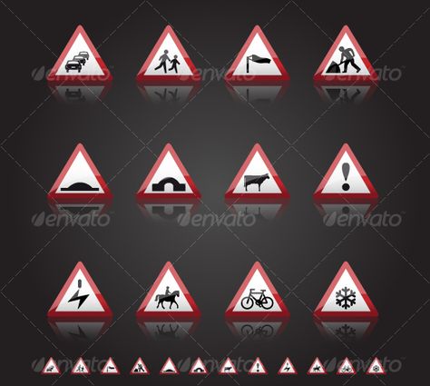 UK Road Signs: Warnings 3 by ChristineWilde Collection of 12 high quality glossy road signs. Reflections are on a separate layer and have been created with an opacity mask s Icon Sets, Hand Drawn Icons, Best Icons, Web Icons, Pin Image, Road Signs, Infiniti Logo, Party Flyer, Arizona Logo