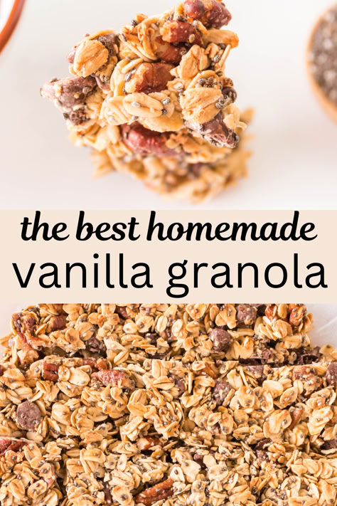 This homemade Vanilla Granola recipe delivers large, crunchy clusters with a delightful hint of vanilla and natural sweetness from honey or maple syrup. Gluten-free and dairy-free, with an easy vegan option, it’s the ultimate go-to for a wholesome breakfast or snack! Gronala Recipes Easy, Sweet Granola Recipe, Granola Ideas, Homemade Oatmeal Bars, Vanilla Granola Recipe, Best Granola Recipe, Clean Granola, Honey Granola Recipe, Protein Granola Recipe