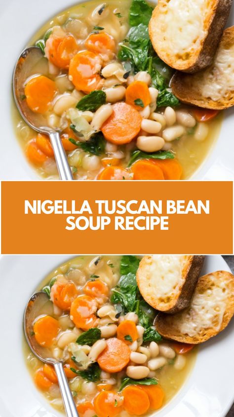 This easy and hearty Tuscan Bean Soup, inspired by Nigella, is the perfect quick and nutritious meal for chilly days. Packed with creamy cannellini beans, tender greens, and fragrant oregano, it’s a comforting bowl of goodness. Serve it with crispy Parmesan toasts for a satisfying touch, and feel free to use common pantry staples for added flexibility! Cannelloni Bean Soup Recipes, Cannellini Bean Recipes, Escarole And Bean Soup, Cannellini Bean Soup, Cannellini Beans Soup, Cannellini Beans Recipes, Tuscan Bean Soup, Nigella Lawson Recipes, Cannellini Bean