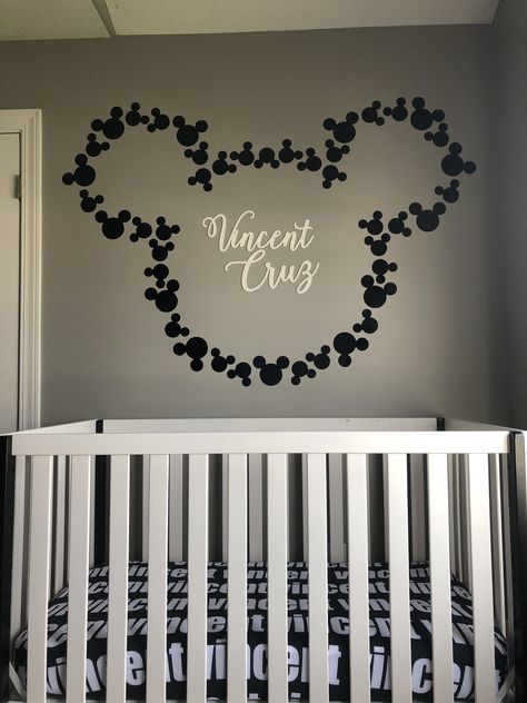 Mickey Mouse wall vinyl decal Baby Nursery Disney Themed Rooms Wall Murals, Mickey Mouse Wall Painting, Mickey Nursery Ideas, Disney Themed Baby Room, Mickey Mouse Nursery Ideas, Mickey And Minnie Nursery, Mickey Mouse Room Decor, Disney Baby Rooms, Disney Baby Nurseries