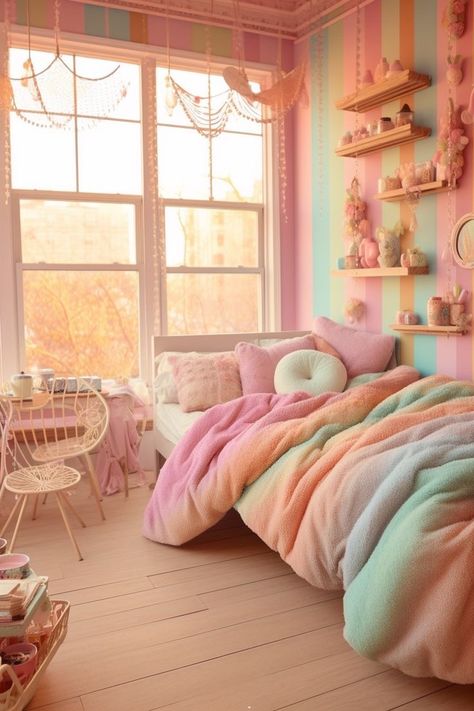 Sitting Area Decor Ideas, Girls Pastel Bedroom, Funky Bedrooms, Sitting Area Decor, Pastel Rainbow Bedroom, Pastel Rainbow Room, Home Decor Inspiration Interior Design, Iris Cabin, Pastel Interior Design