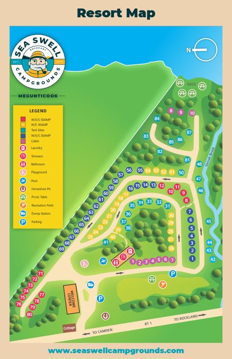 Resort Map Of Megunticook Campground In Rockport, Maine Campground Layout, Campground Ideas, Rockport Maine, Rv Resorts, Rv Parks And Campgrounds, Tent Site, Commercial Street, Rv Sites, Rv Park