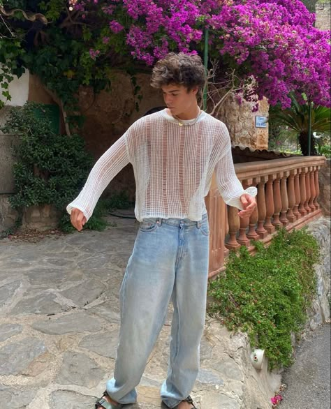 Queer Outfit Men, Ethereal Outfit Men, Crochet Top Men, Mens Festival Outfits, Denim Summer Outfits, Men Linen Outfit Summer, Linen Outfit Summer, Baggy Jeans Outfits, Coachella Outfit Men