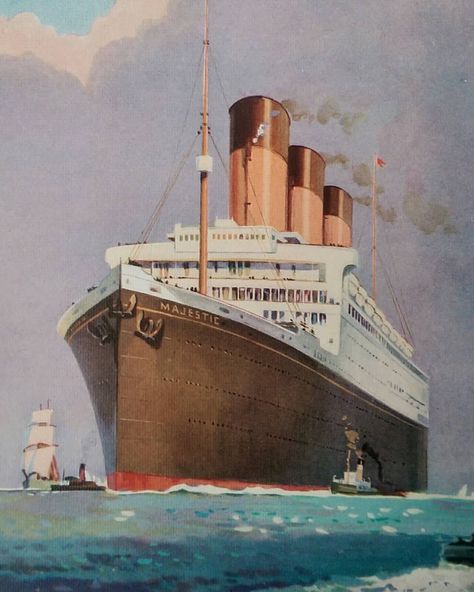 Cabin Liners on Instagram: “R.M.S. Majestic, flagship of the White Star Line from 1922 until 1935, serves as the largest liner ever constructed. Acquired from her…” 1940 Photos, Maritime Poster, White Star Line, Titanic Ship, Ship Poster, Transportation Poster, Cruise Liner, Ocean Liner, Ship Paintings