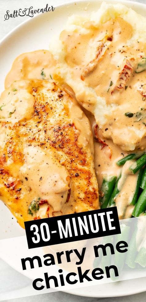 a plate with chicken, mashed potatoes, green beans, and text overlay that reads 30 minute marry me chicken Easy Marry Me Chicken, White Beans Recipe, Dinner Recipes Quick, Chicken Recipes For Two, Quick Chicken Dinner, Marry Me Chicken Recipe, White Bean Recipes, Easy Cheap Dinners, Lavender Recipes