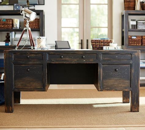 Dawson Collection brings character to the home office. Details such as framed fronts and mitered joints lend authenticity to this roomy desk’s design.  affiliate link Cheap Office Furniture, Farmhouse Desk, Farmhouse Office, Large Desk, Executive Desk, Wood Desk, Desk Design, High Quality Furniture, Custom Cabinetry