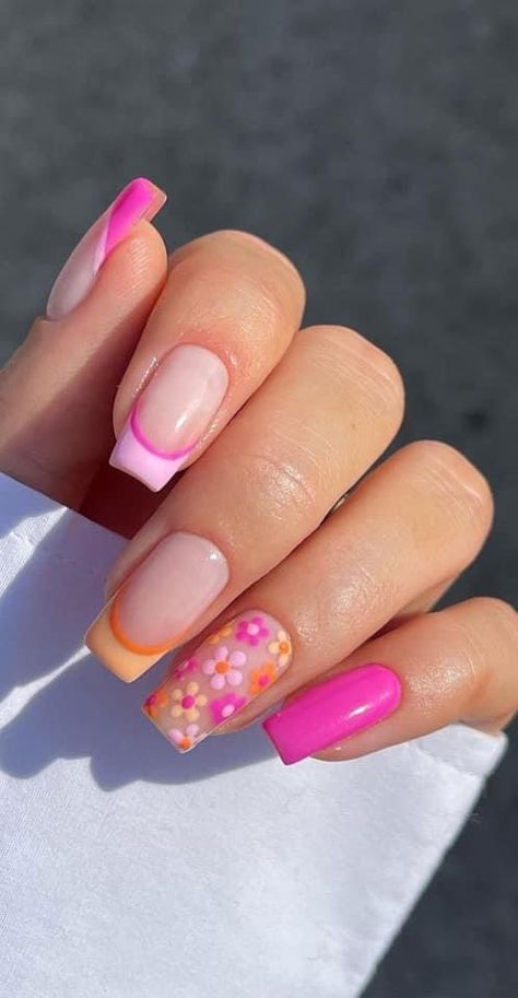 Nails Orange, Nails Flower, Nails French Tip, Broken Nails, Nagel Tips, Simple Gel Nails, Cute Nail Ideas, Summery Nails, Acrylic Nails Designs