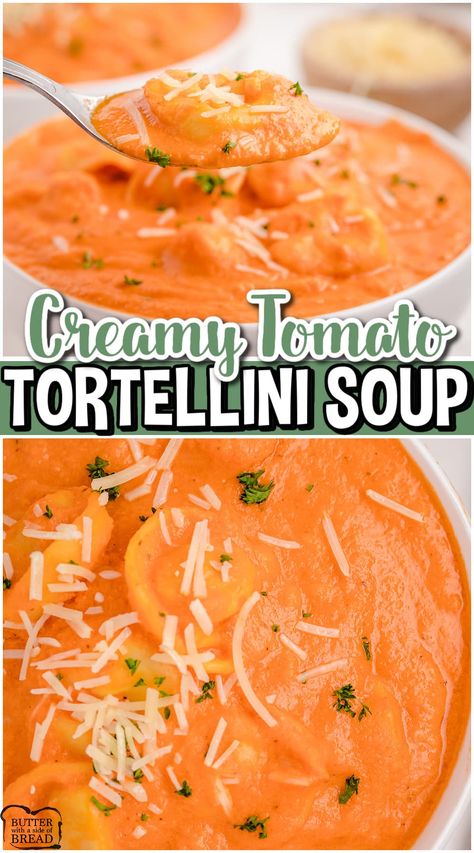 Creamy Tomato Soup with Tortellini is a flavorful homemade soup loaded with veggies! Cheese tortellini added to creamy tomato soup & topped with cheese for a warm, comforting dinner. Roasted Tomato Tortellini Soup, Tortellini Soup With Cream Cheese, Soup Recipes Tortellini, Tortellini Recipes Soup, Tomato Soup With Tortellini, Tortellini Soup Crockpot, Soup With Tortellini, Creamy Tomato Tortellini Soup, Tomato Bisque Recipe