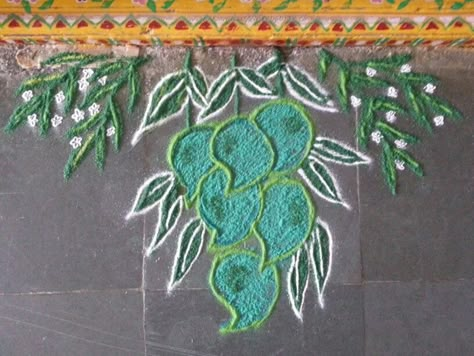 Ugadi rangoli....mangoes & neem leaves Ugadi Decorations Ideas, Mango Rangoli Designs, Rangoli For Ugadi Festival, Ugadi Decoration, Rangoli God, Rangoli For Ugadi, Rangoli Designs For Ugadi, Ugadi Rangoli Design, Ugadi Rangoli