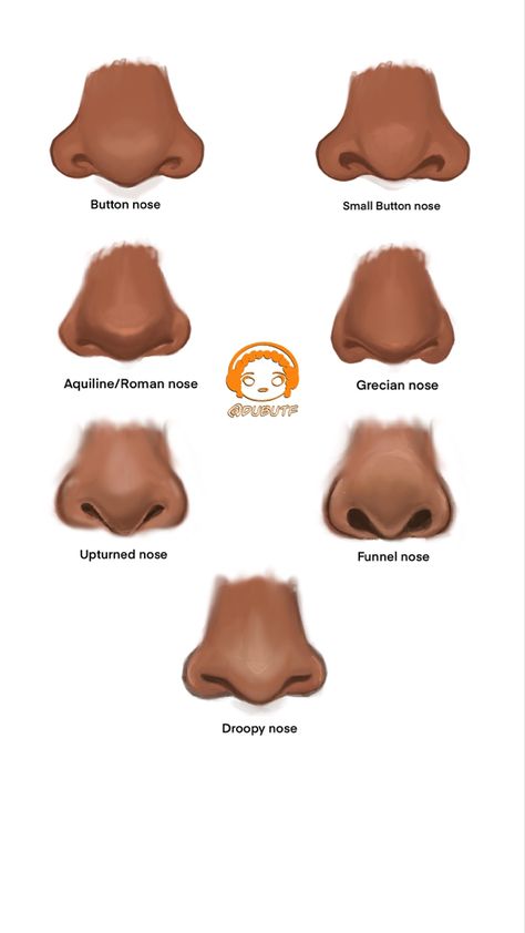 Different types of noses like Roman, funnel, button for a nose tiktok challenge that DubUTF created Roman Nose Drawing Reference, Aquiline Nose Drawing, Nose Shapes Names, Nose Size Chart, African Nose Drawing, Nose Types Chart, Drawing Black Noses, Arched Nose Front View, How To Draw Poc Nose