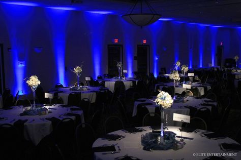 Blue Uplighting Wedding, Blue Uplighting, Prom Planning, Uplighting Wedding, Lighting Wedding, 45th Wedding Anniversary, White Centerpiece, Wedding Lighting, 45th Anniversary