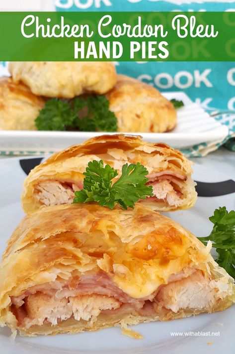 Easy recipe for this popular Chicken Cordon Bleu served as a a Hand Pie (Hot Pocket). Gooey Cheese, Ham and Chicken all enveloped in flaky Fuff-Pastry Puff Pastry Dinner, Homemade Chicken Pie, Savory Hand Pies Recipes, Puff Pastry Recipes Dinner, Stuffed Pastry, Pies Savory, Pastry Snacks, Chicken Hand Pies, Easy Empanadas Recipe