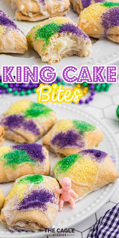 Not your normal King Cake Recipe, these King Cake Bites are perfect little bite sized treats, a flaky pastry filled with a cinnamon cream cheese filling and topped with a sweet and perfectly sanded in the colors of Mardi Gras. King Cake Bites give a tasty change up from the usual King Cake you see everywhere during Mardi Gras. King Cake Recipe Cream Cheese, Gluten Free King Cake, Mardi Gras Desserts, King Cake Bites, King Cake Recipe Easy, Recipes Using Crescent Rolls, Mardi Gras Cake, King Cake Recipe, King Cake Baby