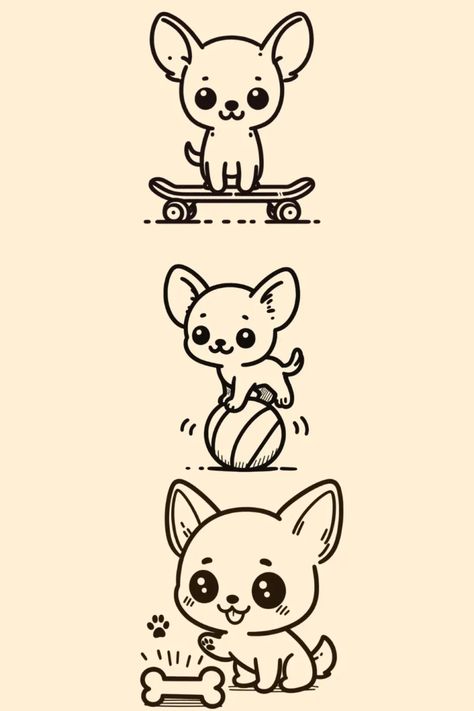 Chihuahua cute drawing ideas Chibi Chihuahua, Cute And Easy Drawings, Chihuahua Cartoon, Cute Giraffe Drawing, Chihuahua Drawing, Hare Drawing, Cute Drawing Ideas, Hedgehog Drawing, Giraffe Drawing